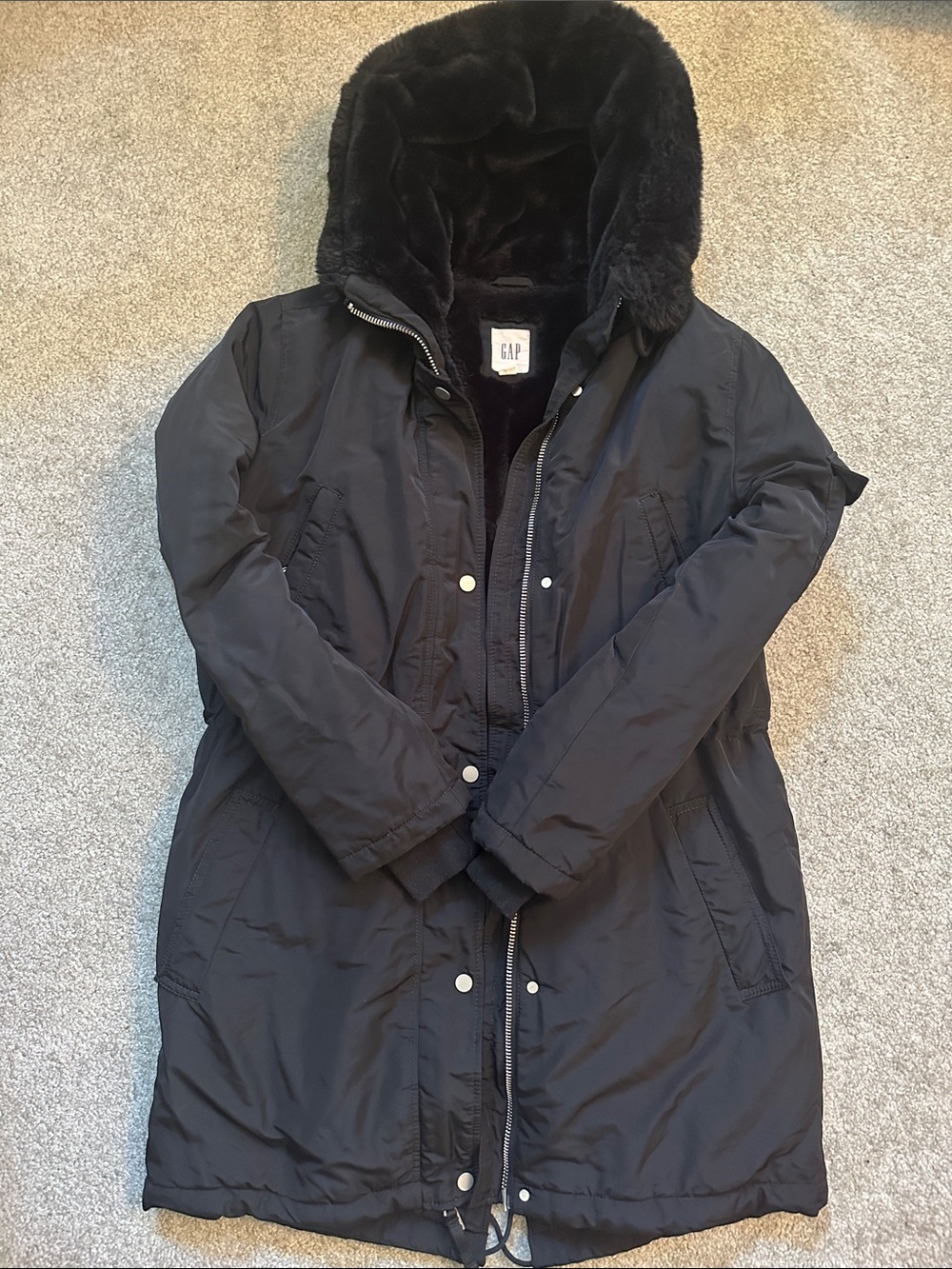 GAP Long Black Hooded Faux-Fur Lined Puffer Coat